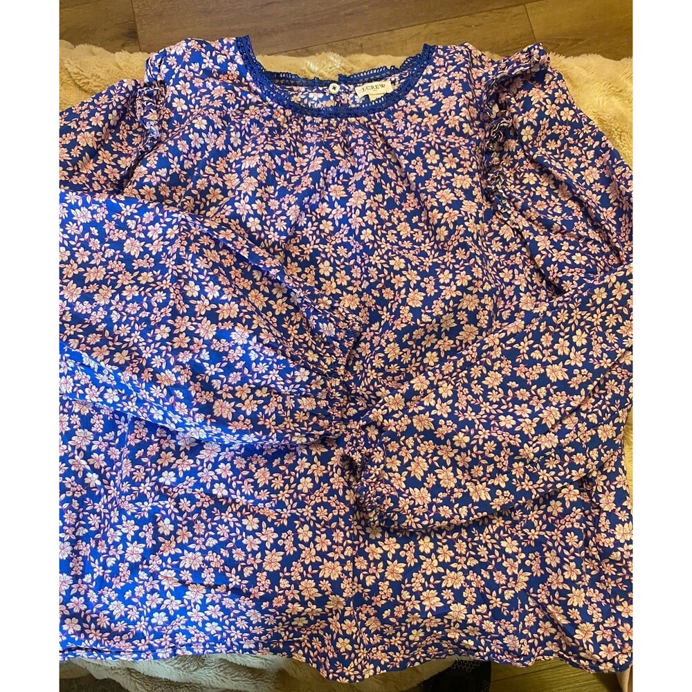 J.CREW Women's Cotton Long Sleeve Floral Blouse Blue Large